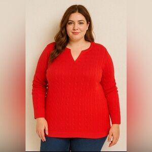 Lauren Ralph Lauren Sweater Womens PLUS 3X Red Cable Knit Cotton Vneck Tunic